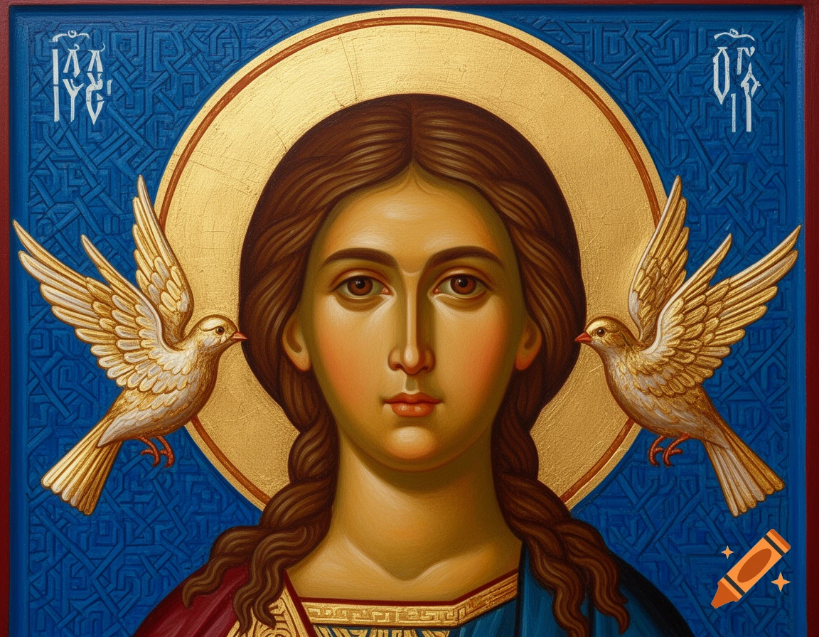 A Greek Orthodox icon painting of a woman with long brown hair and a golden halo, flanked by two golden doves on a blue patterned background with stylized white text in the upper corners.