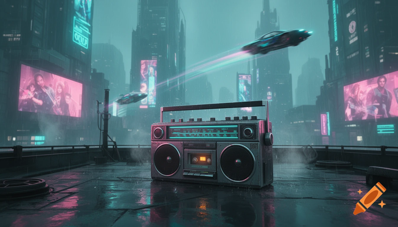 An 80s boombox on a wet rooftop in a rainy, neon-lit cyberpunk city with flying cars streaking across the sky.