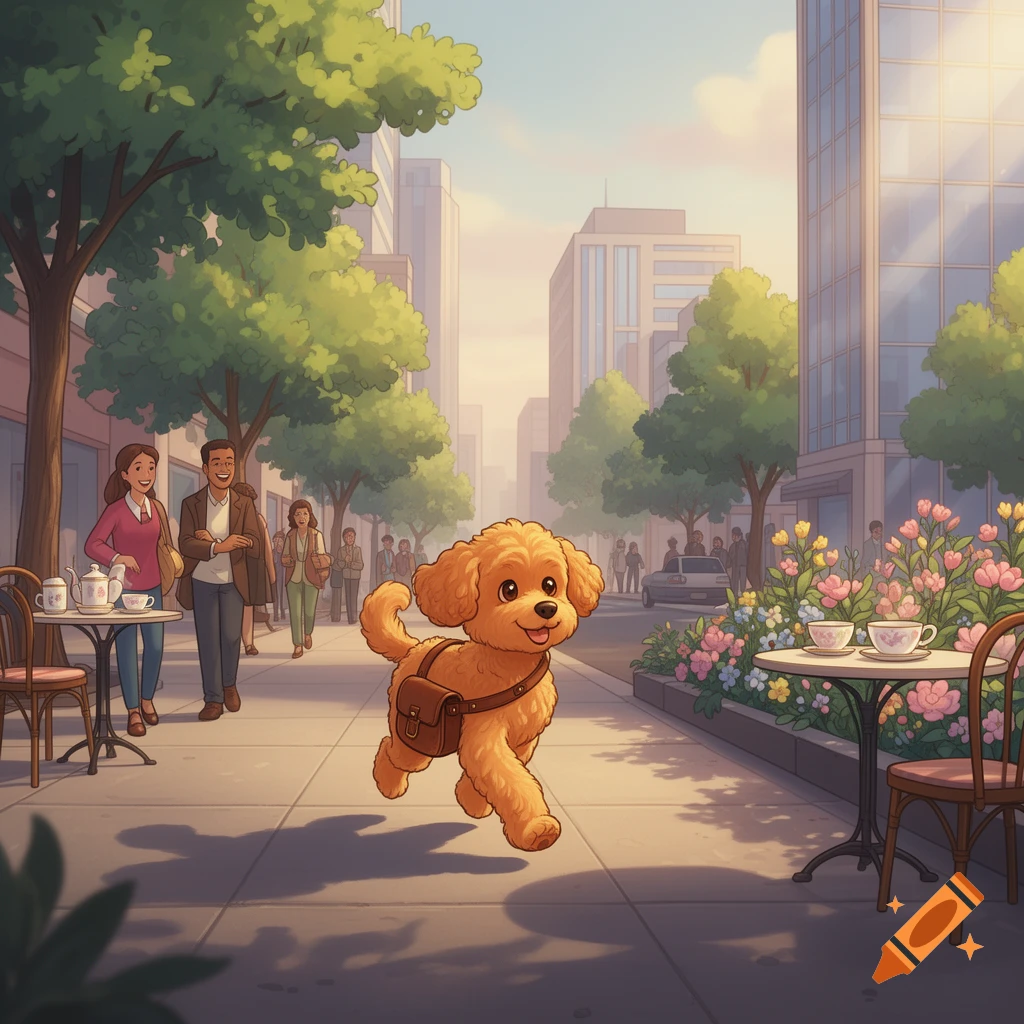 Happy ginger cockapoo dog with a satchel runs on a sunny city sidewalk ...