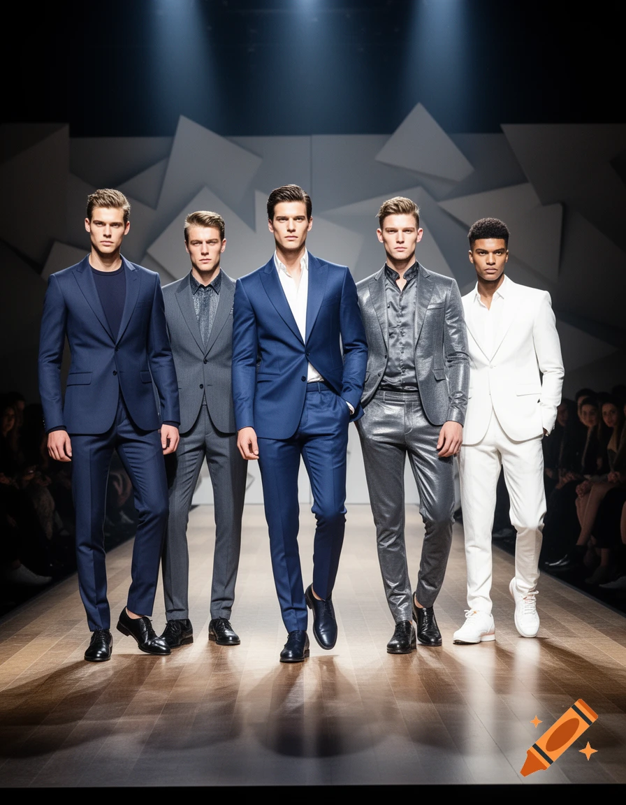 Five male models in various suits walk down a brightly lit fashion runway with a geometric background.