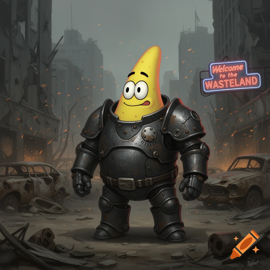 Patrick Star in dark power armor stands in a destroyed wasteland with a 'Welcome to the Wasteland' neon sign.