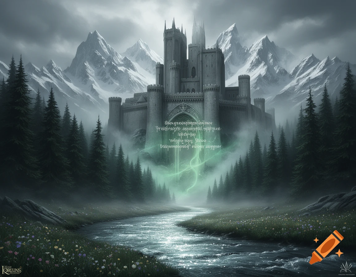 A majestic fantasy castle stands amidst snowy mountains, surrounded by ...