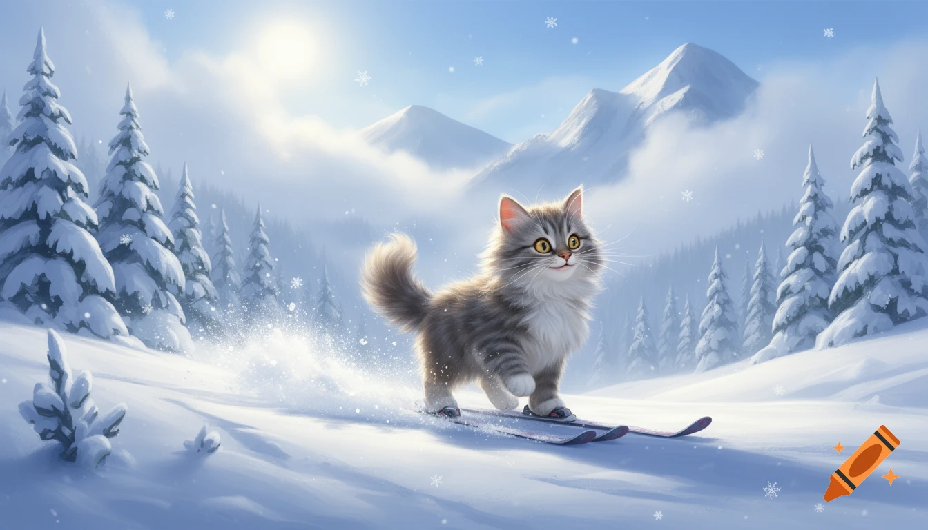 A cute, fluffy gray and white cat skis down a snowy slope, kicking up powder amidst snow-covered pine trees and distant mountains under a blue sky.