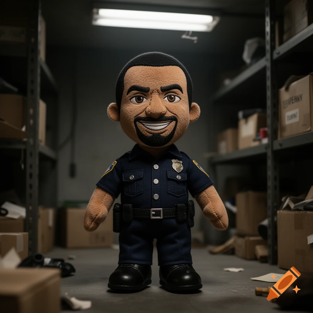 A realistic plush doll resembling a police officer from GTA, Tenpenny, stands in a dark storage room.