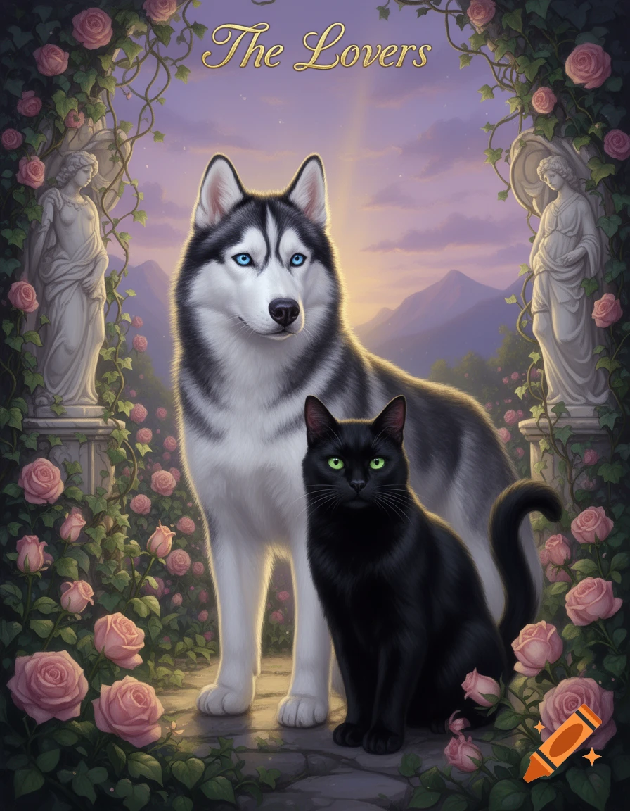 A Siberian husky and a black cat stand in a rose-covered archway with statues under a twilight sky, labeled "The Lovers".