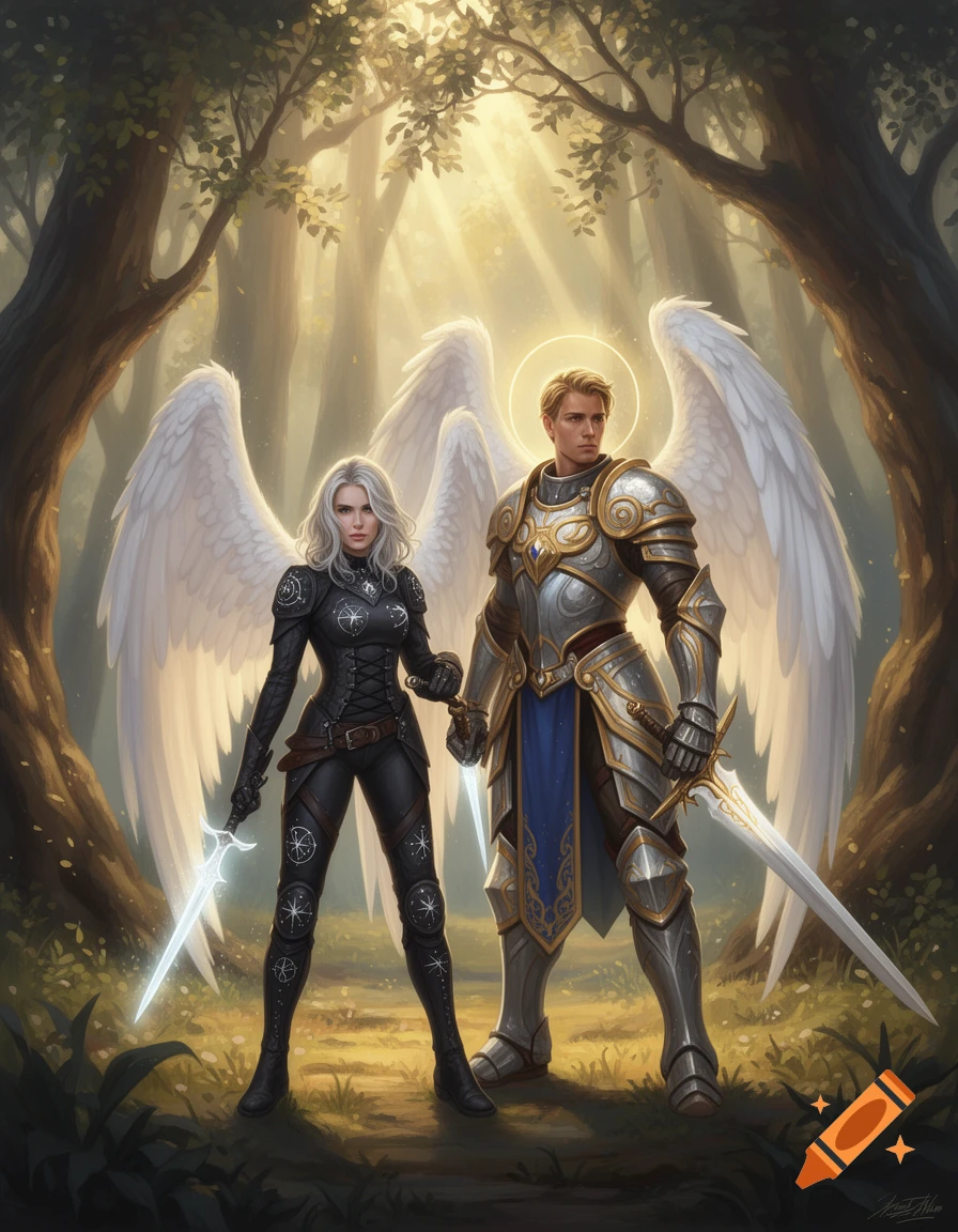A female angelic rogue and a male angelic paladin stand with swords in a sun-dappled forest.