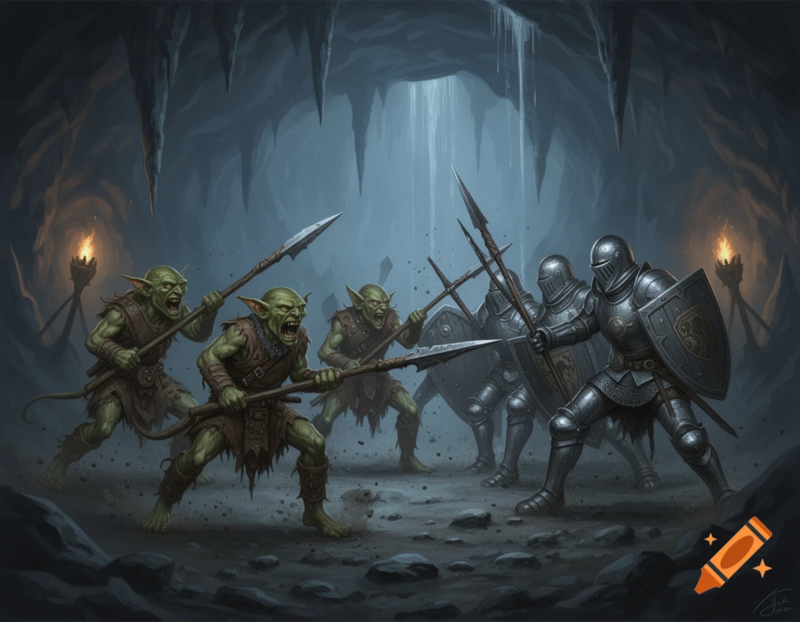 Five goblins with spears attacking four knights in a dark cave with stalactites and torches, in a digital fantasy art style.