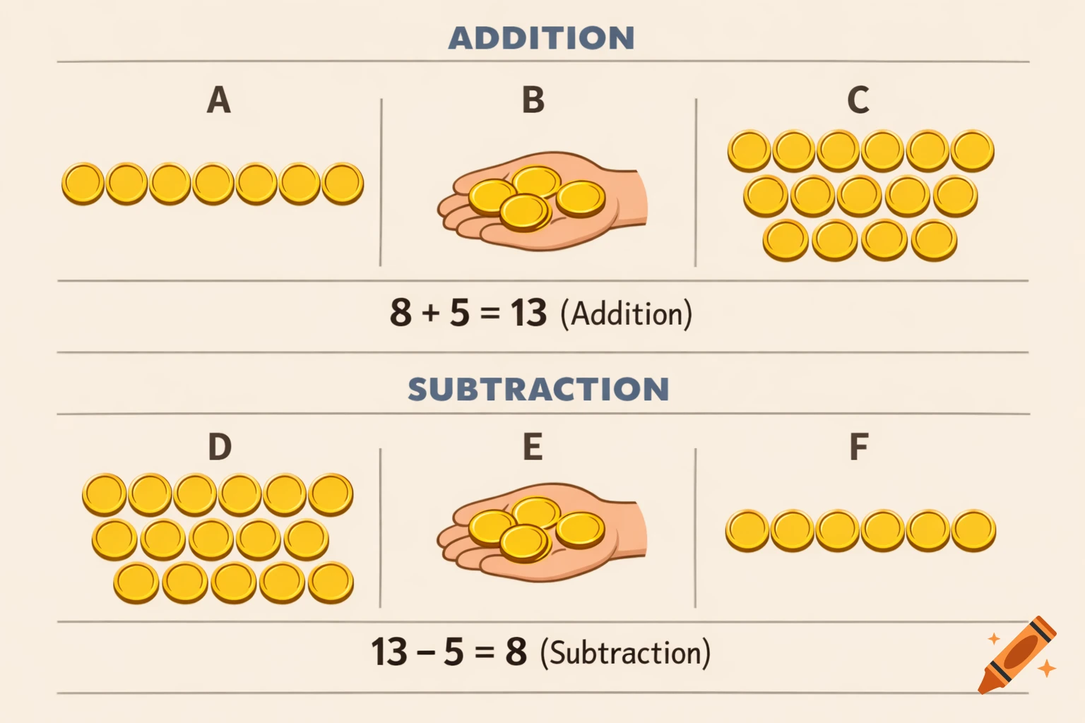An educational illustration demonstrating addition and subtraction using flat gold coins. The top row shows 8 coins plus a hand holding 5 coins equals 13 coins. The bottom row shows 13 coins minus a hand removing 5 coins equals 8 coins.