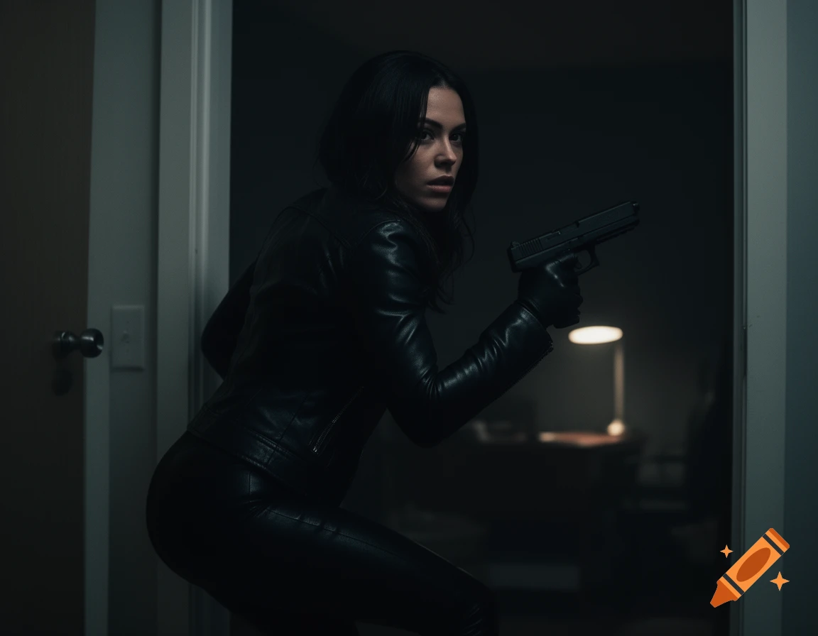 A photorealistic image of a woman in a black leather outfit, holding a pistol, sneaking through a doorway into a dark room.