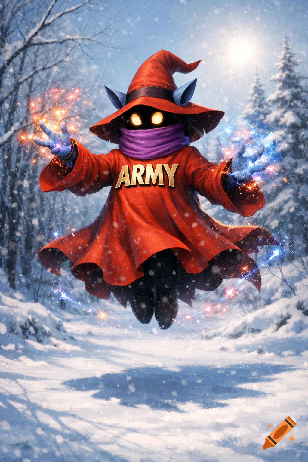 An Orko-like wizard in a red robe with 'ARMY' lettering casts magic with glowing hands in a snowy winter forest, digital art.