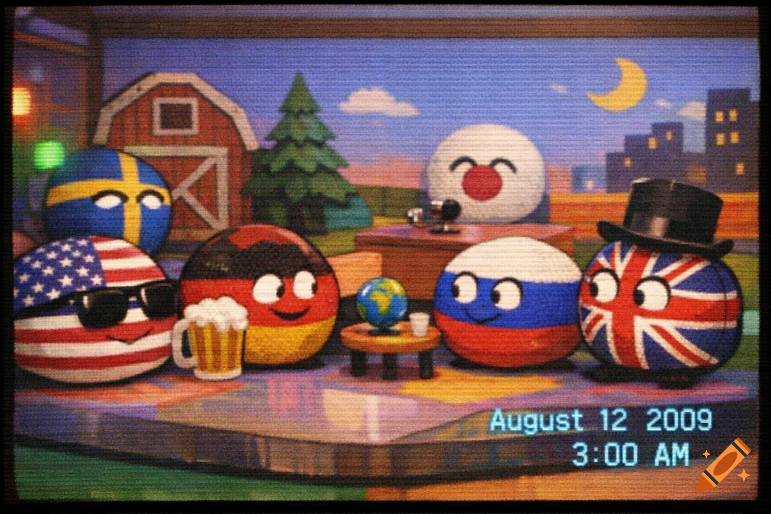 Cartoon countryball characters, including USA, Germany, Japan, Russia, and UK, in a room with a VHS effect.