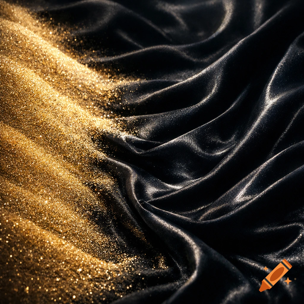 Macro shot of shimmering golden glitter merging into dark, flowing black velvet silk fabric.
