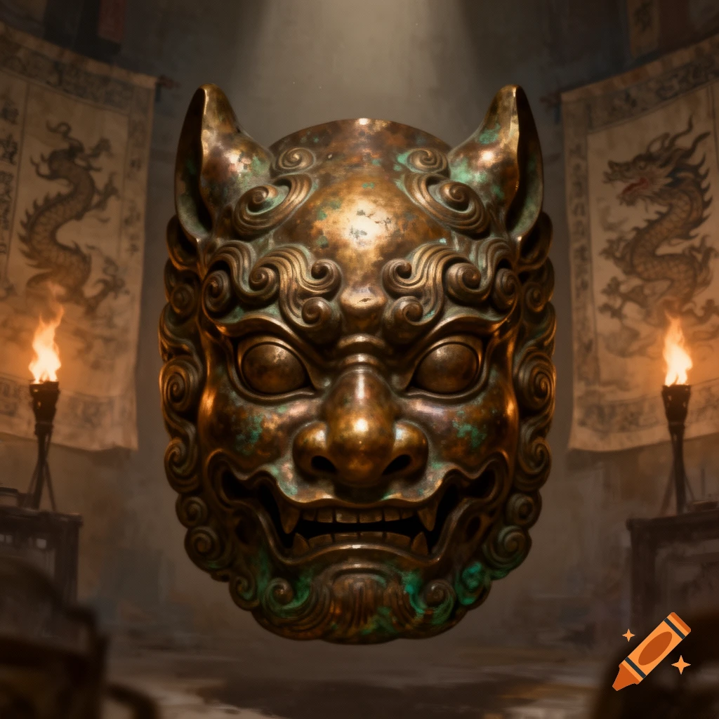 A detailed, weathered bronze animal-face mask with fangs and horns, set in a dimly lit temple with dragon banners and torches.