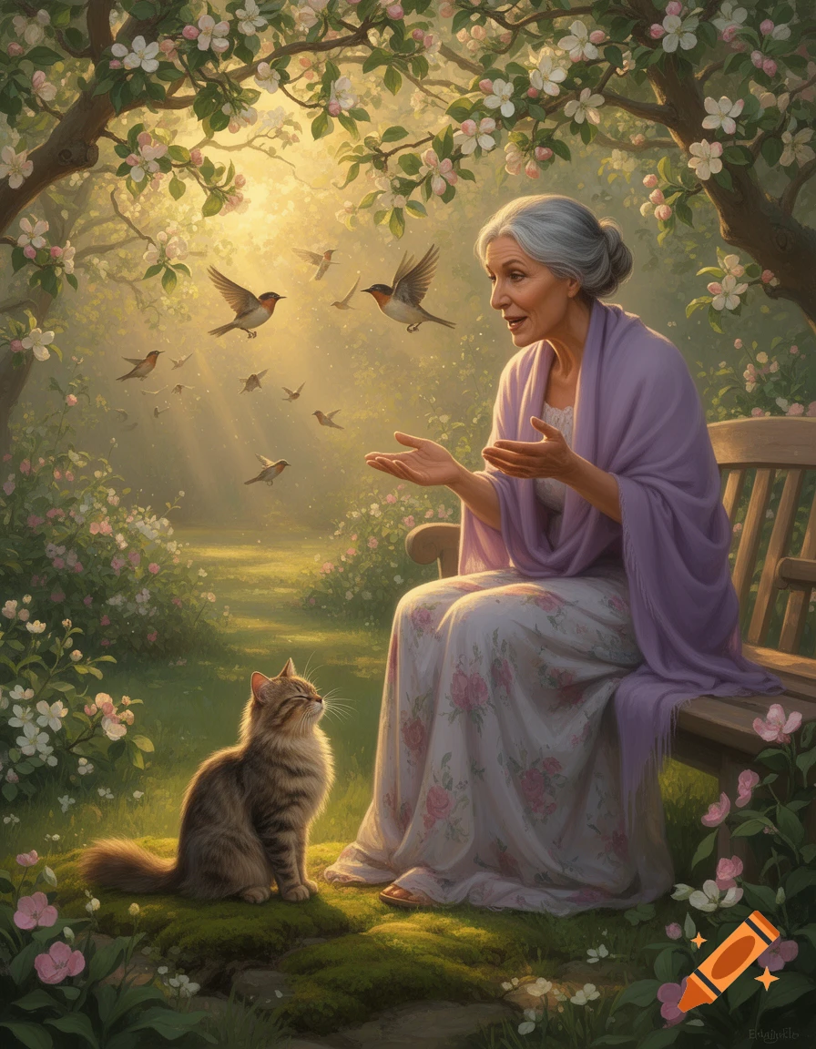 An elderly woman sits on a bench in a blooming garden, extending her ...