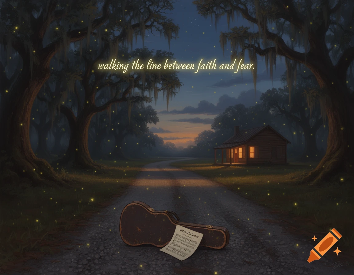 Moody bayou landscape at dusk with mossy trees, glowing path to a lit cabin, guitar case, and sheet music. Text 'walking the line between faith and fear'.
