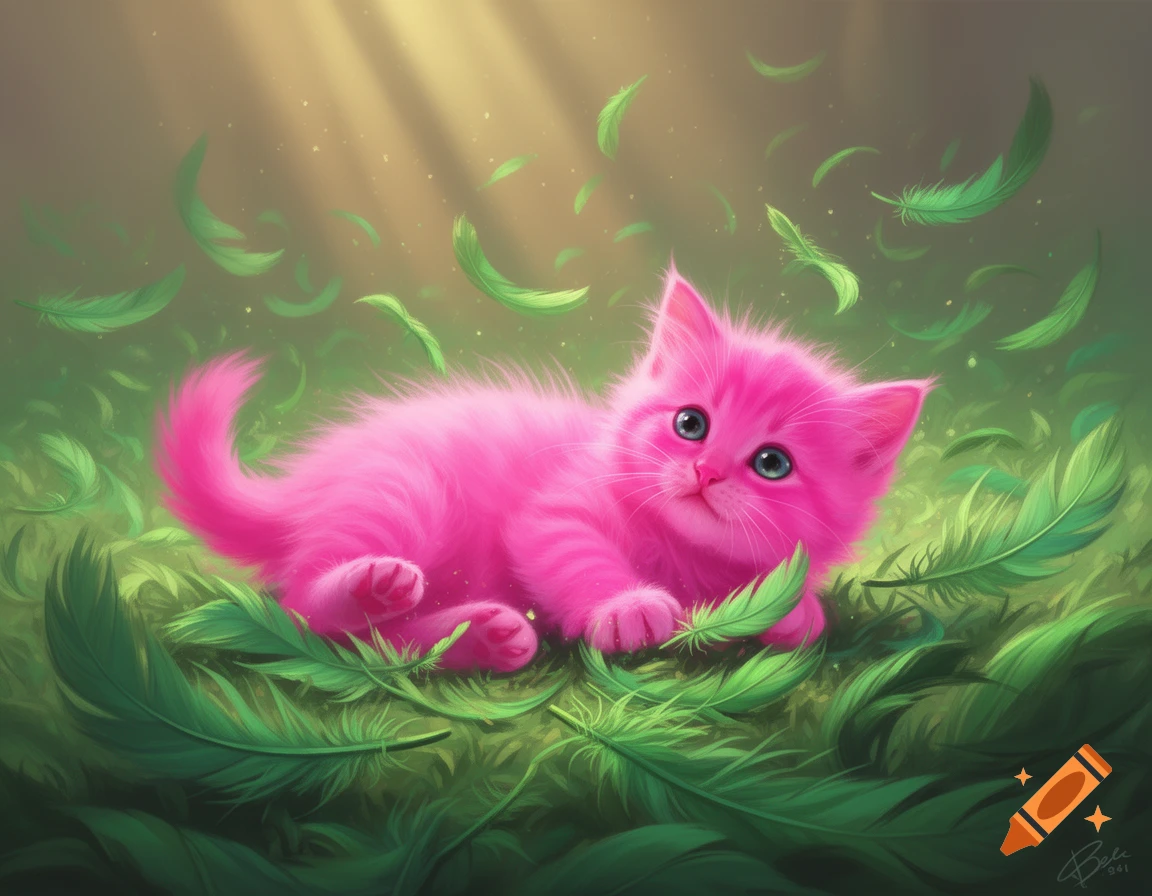 A bright pink fluffy kitten with blue eyes lies among green feathers on ...