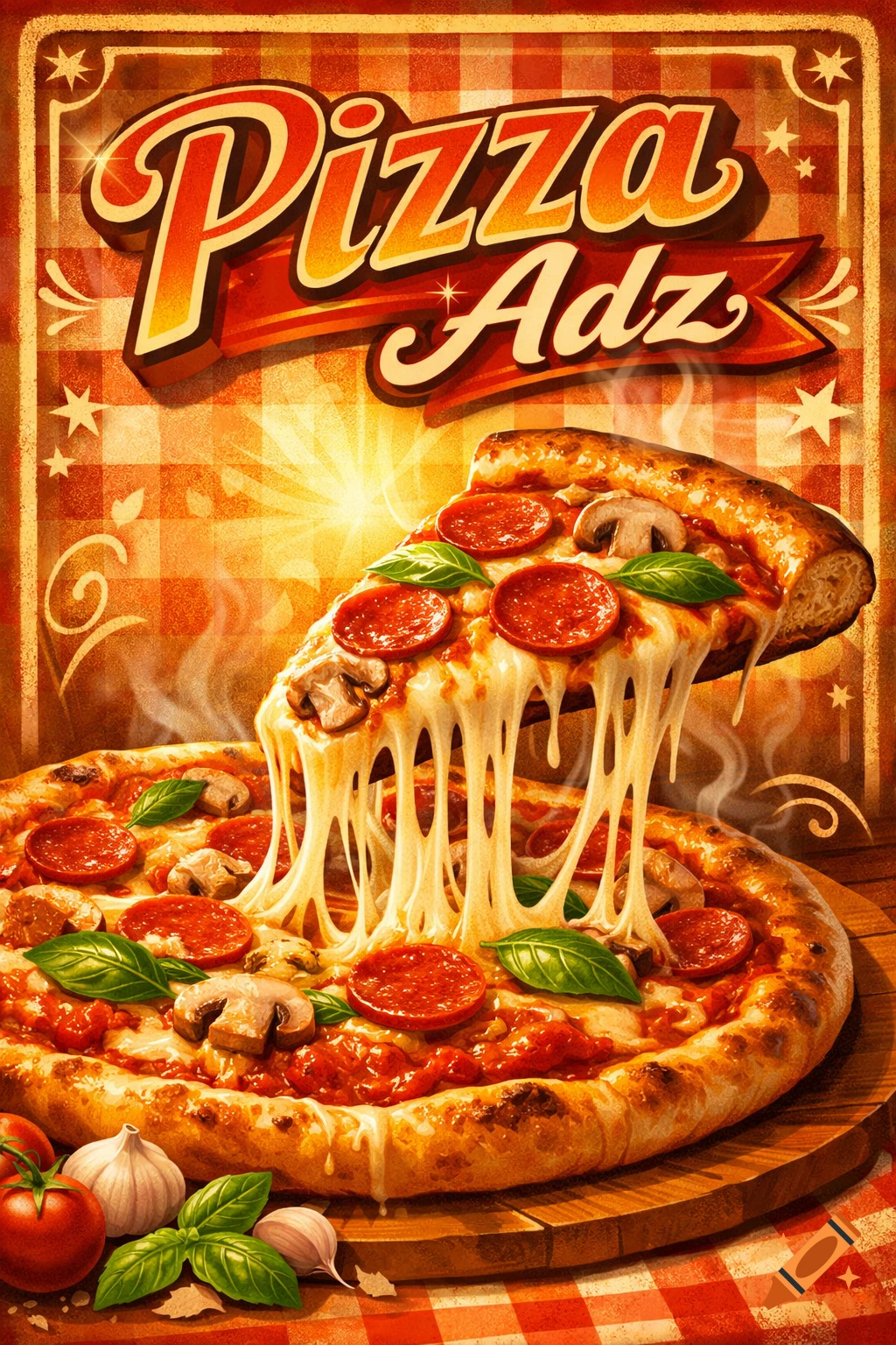 Vintage-style pizza ad with a slice of pepperoni and mushroom pizza being pulled, showing stretchy cheese.