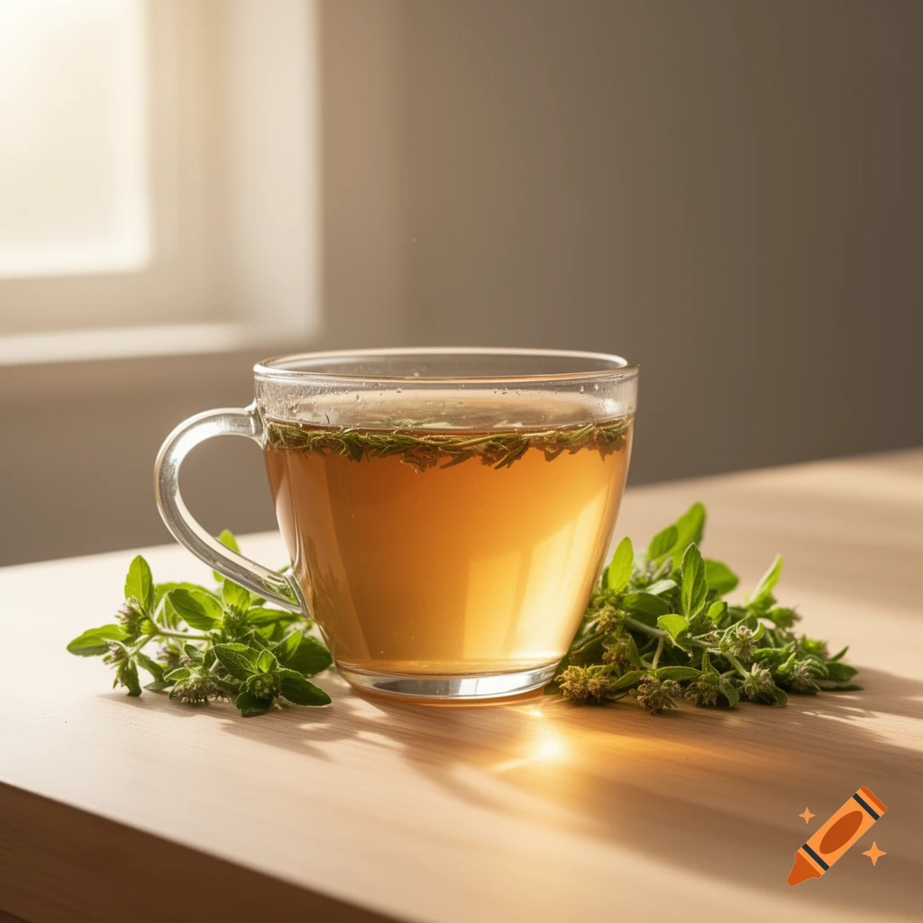 A clear glass cup of herbal tea with floating leaves sits on a wooden table, surrounded by fresh herbs, bathed in warm morning light.
