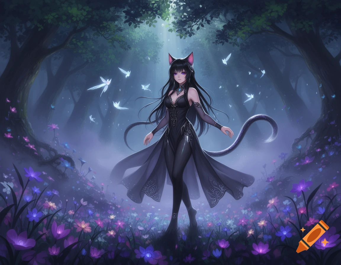 Anime cat girl with purple eyes, black dress, and tail standing in an ethereal forest filled with glowing purple flowers and fairies.