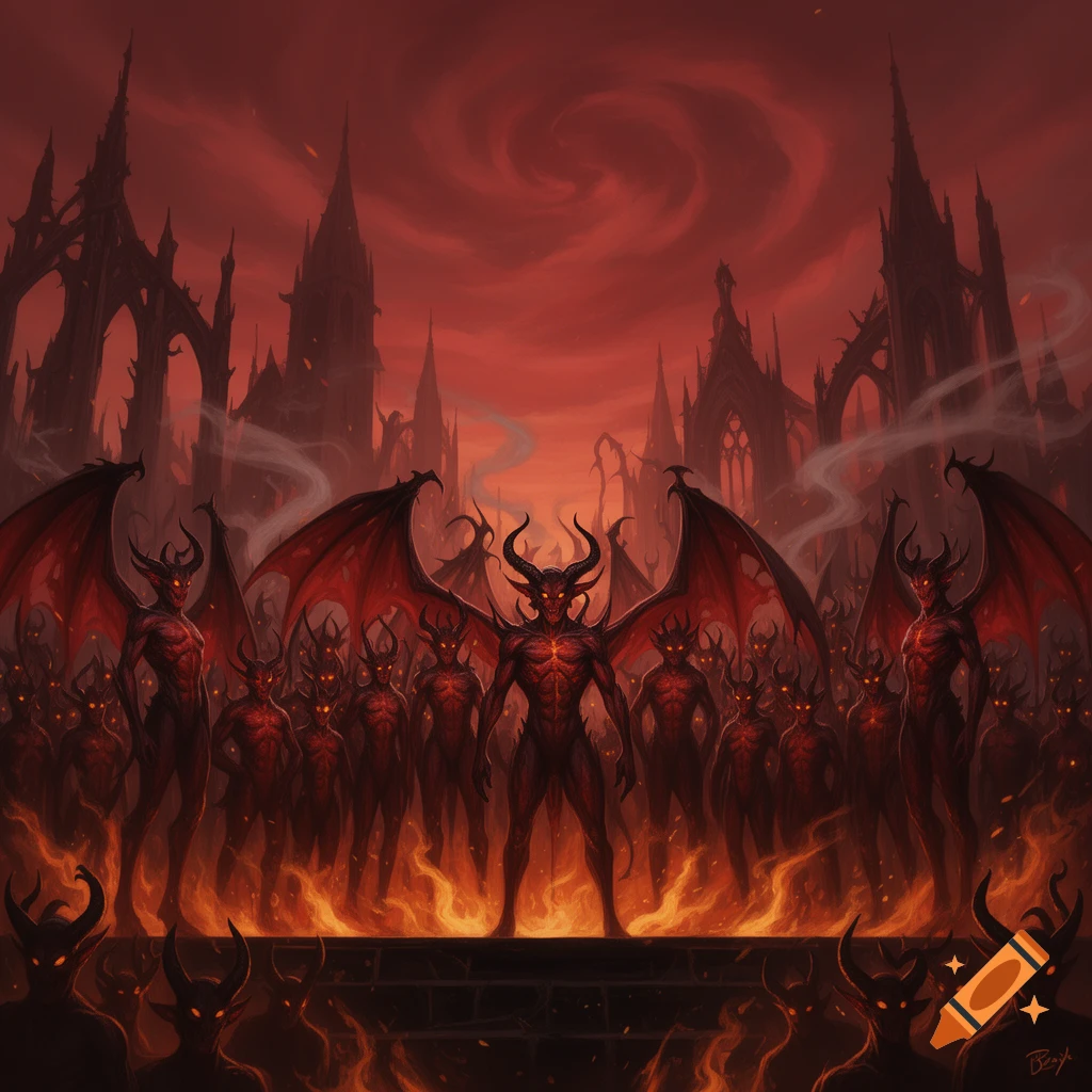 A crowd of winged, horned devils with glowing eyes stand on a fiery platform before a dark, gothic city under a swirling red sky in a digital painting.