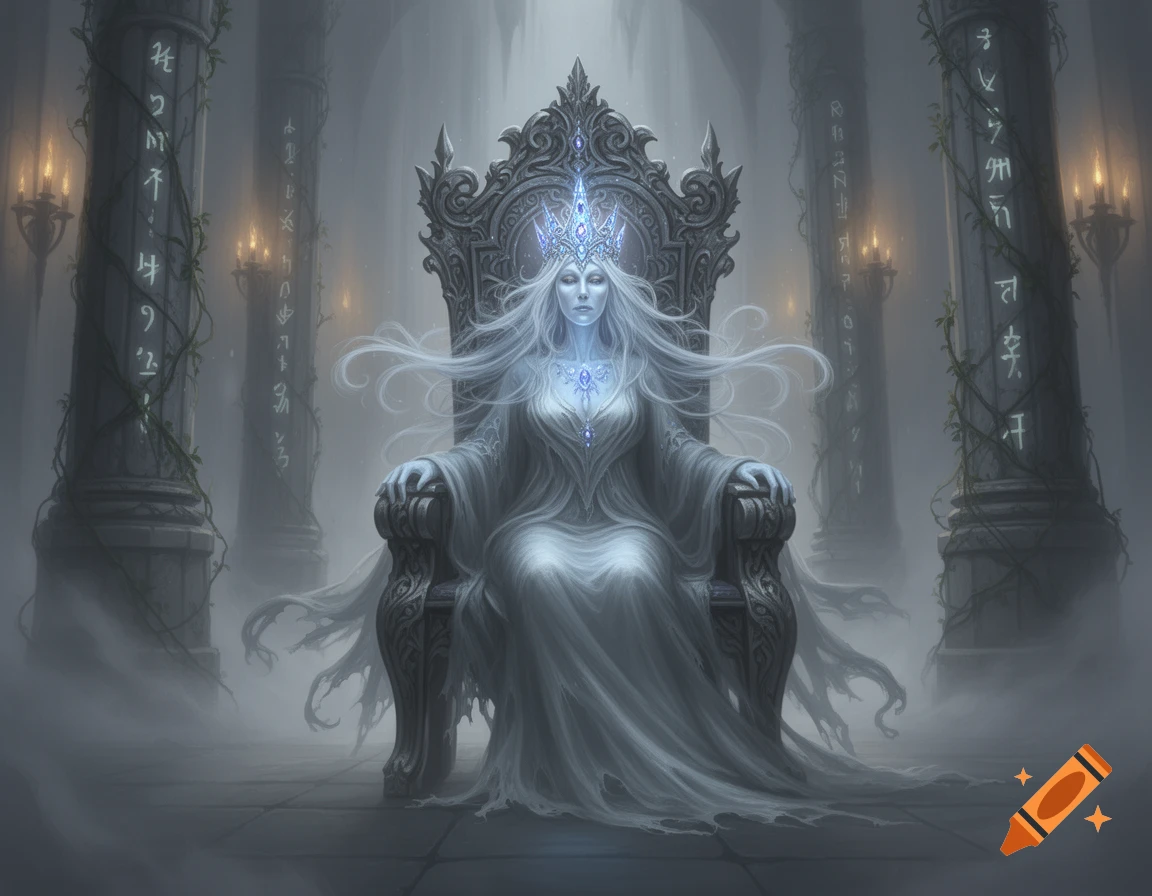 A stylized fantasy ghost queen with a glowing crown sits on an ornate throne in a misty, dark hall with runic pillars.