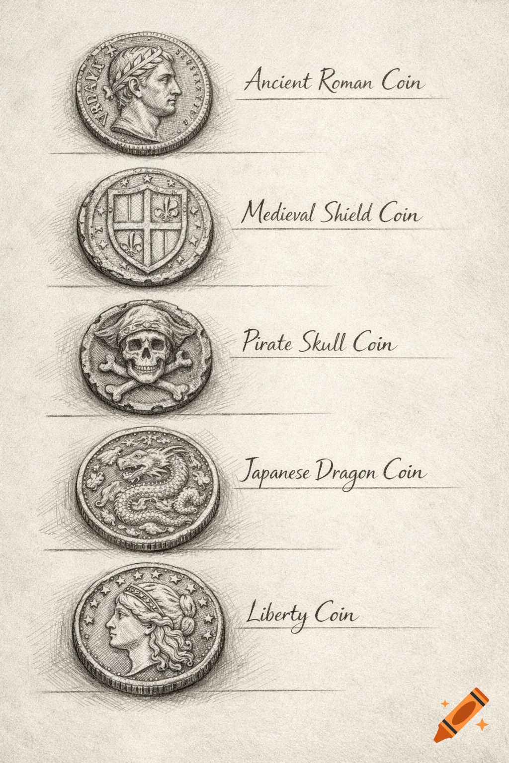 A monochrome pencil sketch featuring a vertical list of five distinct coins: Ancient Roman, Medieval Shield, Pirate Skull, Japanese Dragon, and Liberty Coin, each with handwritten labels on textured paper.