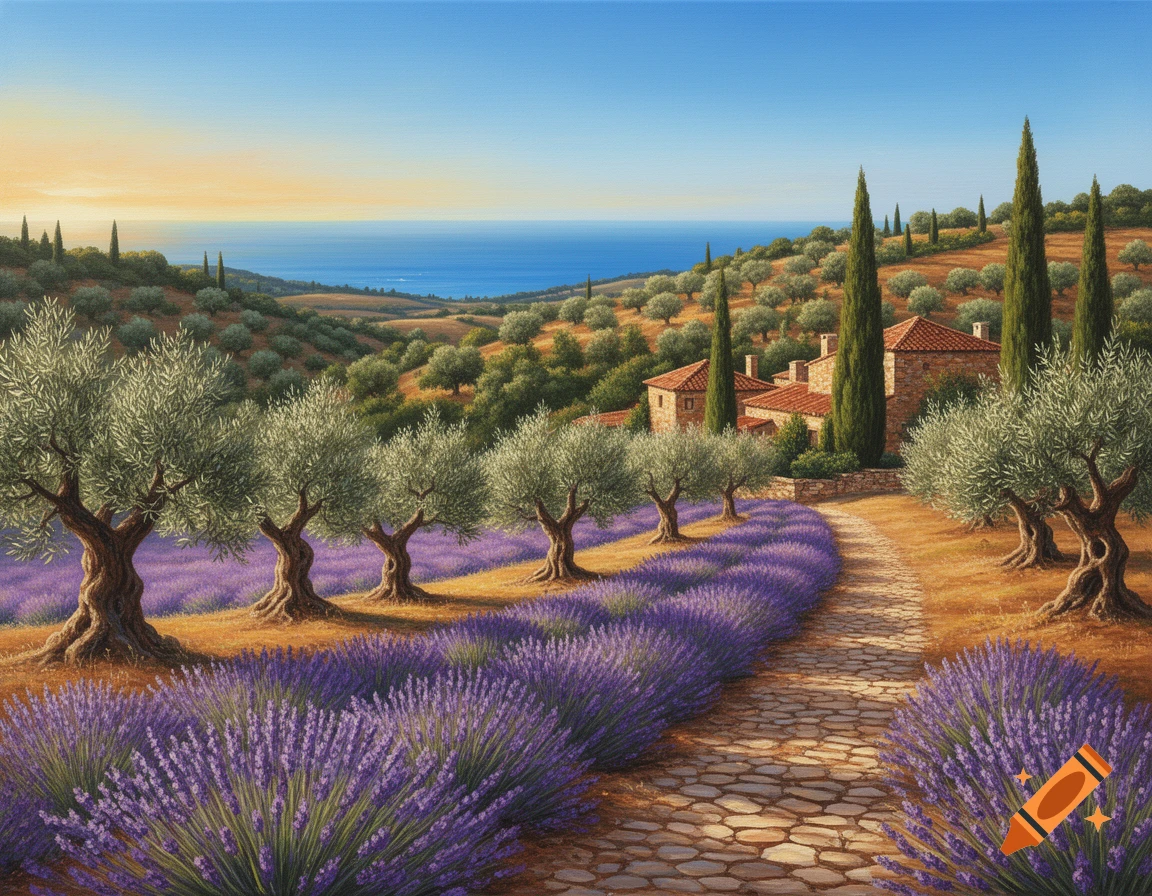 A vibrant painting of a Mediterranean landscape with a cobblestone path winding through lavender fields and olive groves towards houses by the sea.