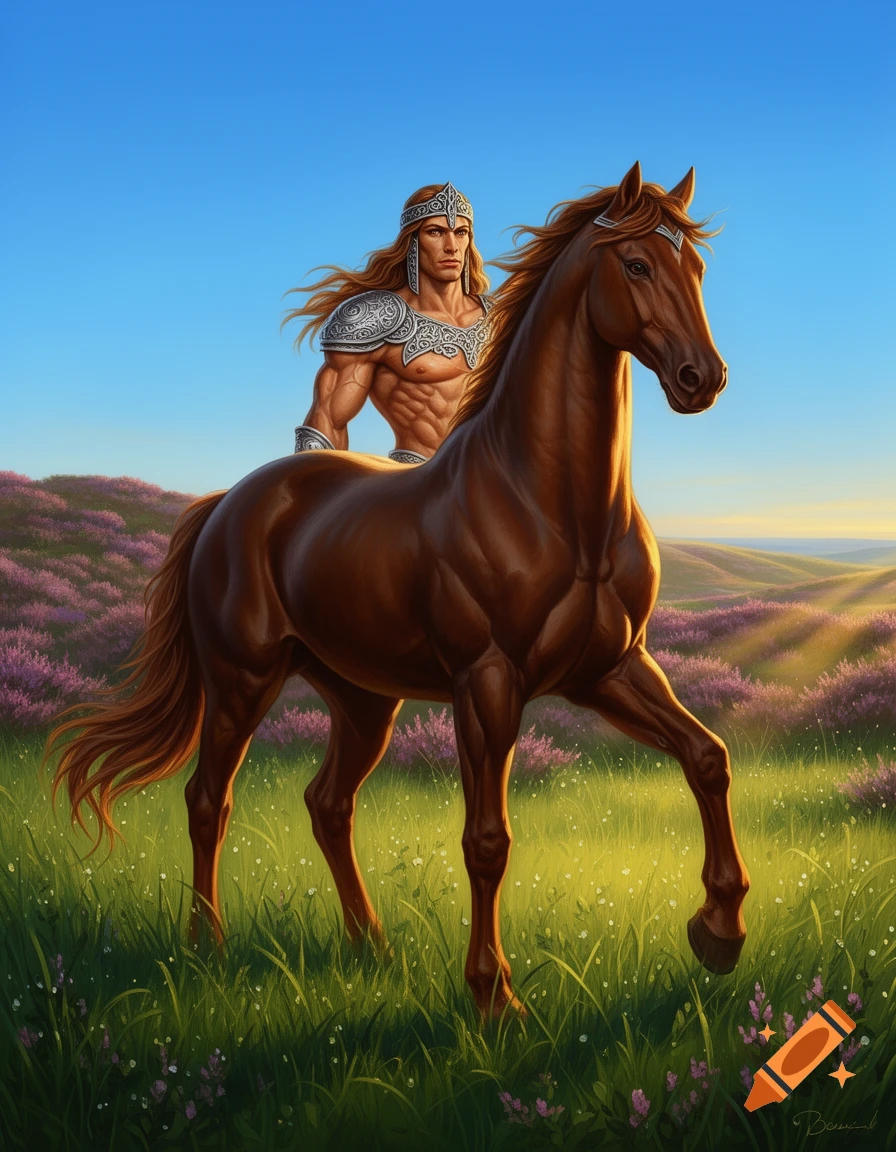 A muscular, long-haired warrior in ornate armor rides a brown horse through a sunlit field of purple and green flowers.