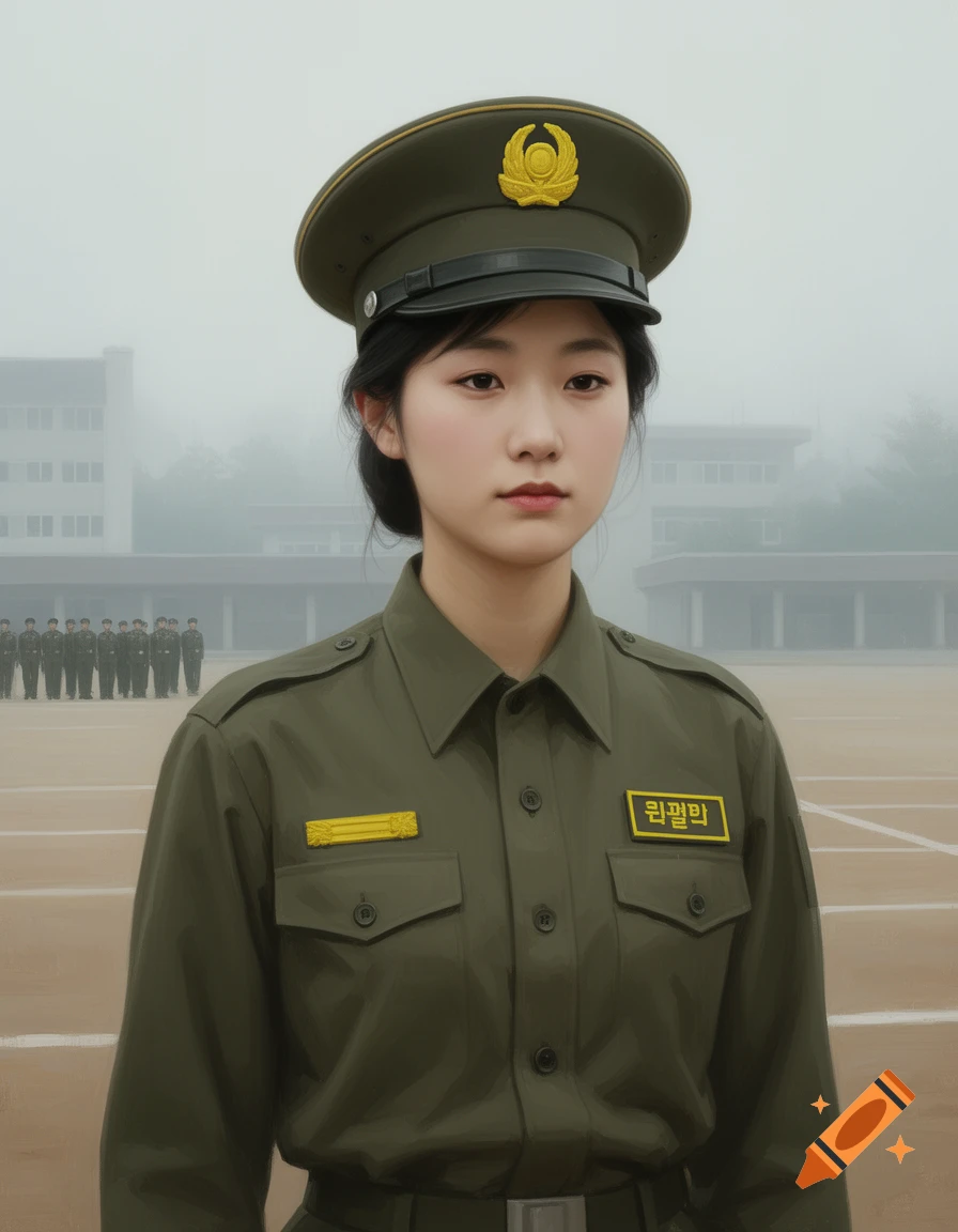 A young East Asian woman in a green military uniform and cap stands outdoors in a foggy setting, with other soldiers in the background.