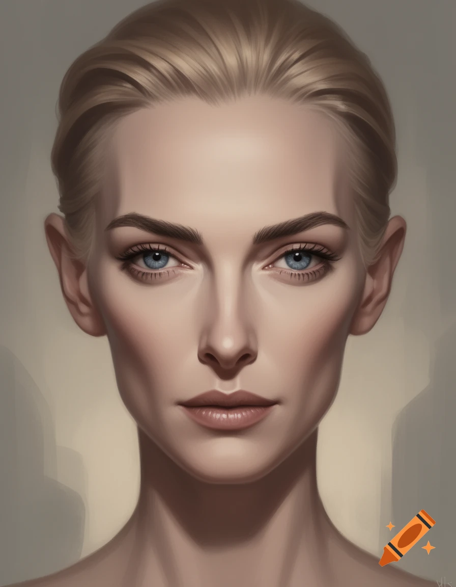 A striking, realistic digital portrait of a blonde woman with blue eyes ...