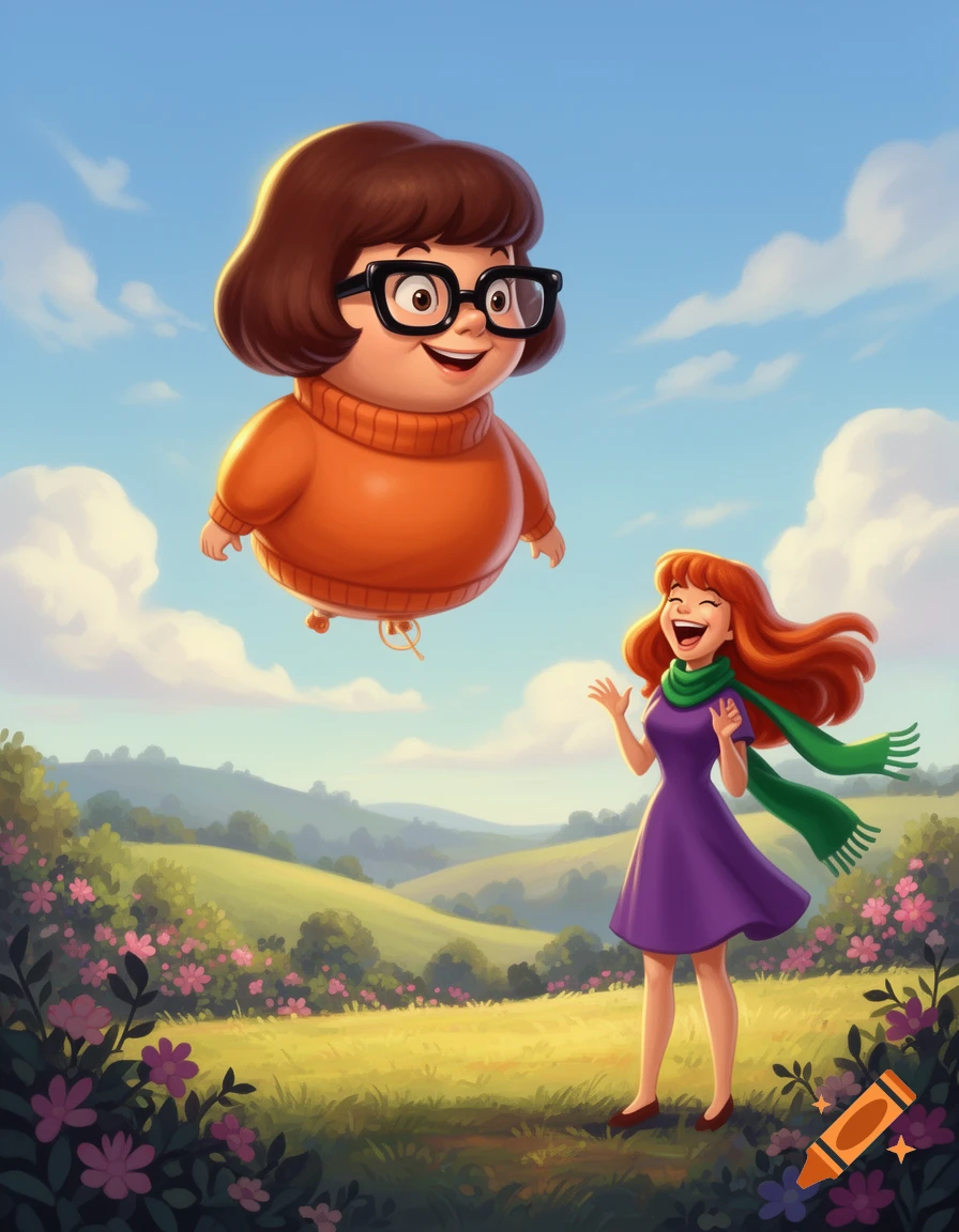 Cartoon Velma, inflated and floating like a balloon, looks happy while Daphne laughs below in a sunny, flowery field.