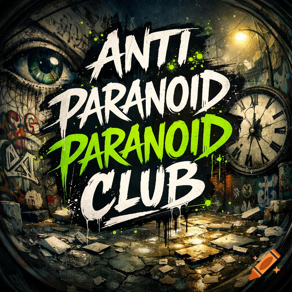 Stylized grunge artwork with a large eye, graffiti, street clock, and 'ANTI PARANOID PARANOID CLUB' text.