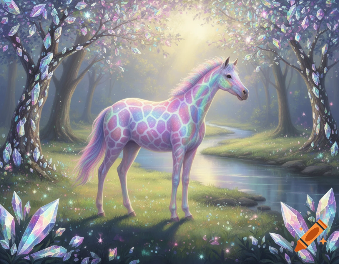 A rainbow-colored horse with a giraffe pattern stands in a sunny, magical forest with crystal trees and a sparkling river.