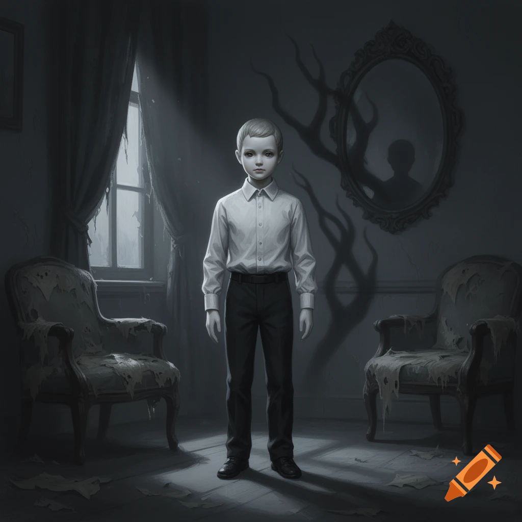 A pale, uncanny child-like figure stands in a decaying grayscale room with torn curtains and old chairs, a dark shadow near a mirror.