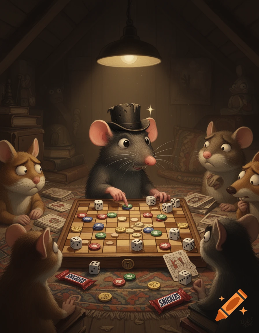 Anthropomorphic rats, one in a top hat, play a board game with dice and tokens in a dimly lit attic, with candy wrappers on the rug. Stylized illustration.