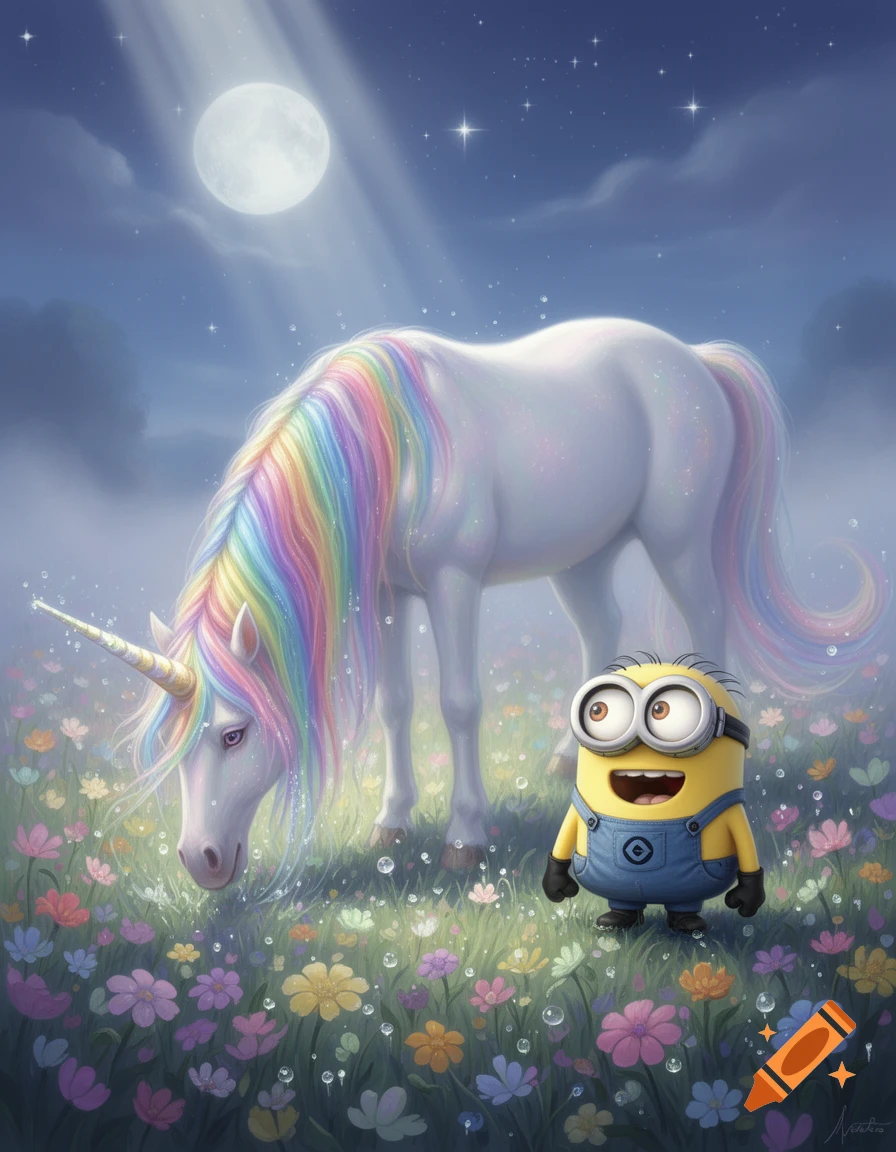 A white unicorn with a rainbow mane and a Minion stand in a field of colorful flowers under a moonlit sky.