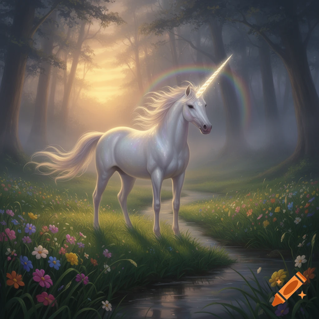A majestic white unicorn stands on a grassy path by a stream in a misty, sunlit magical forest with a rainbow.