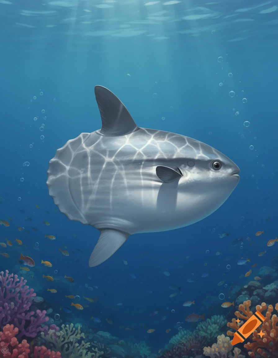 An illustration of a large sunfish swimming gracefully in a blue ocean, with sunlight filtering from above and colorful coral reefs below.