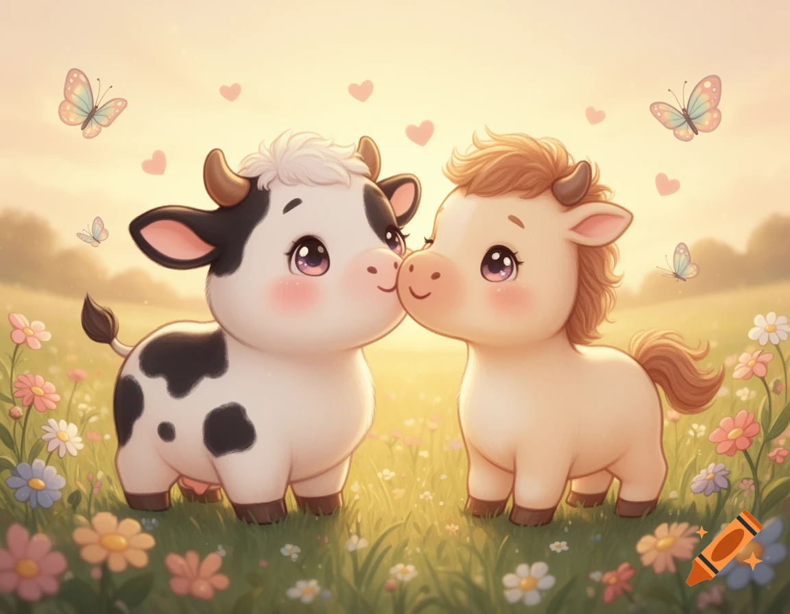 Ultra-cute, kawaii illustration of a baby cow kissing a baby horse on the nose in a sunny meadow with flowers and butterflies.
