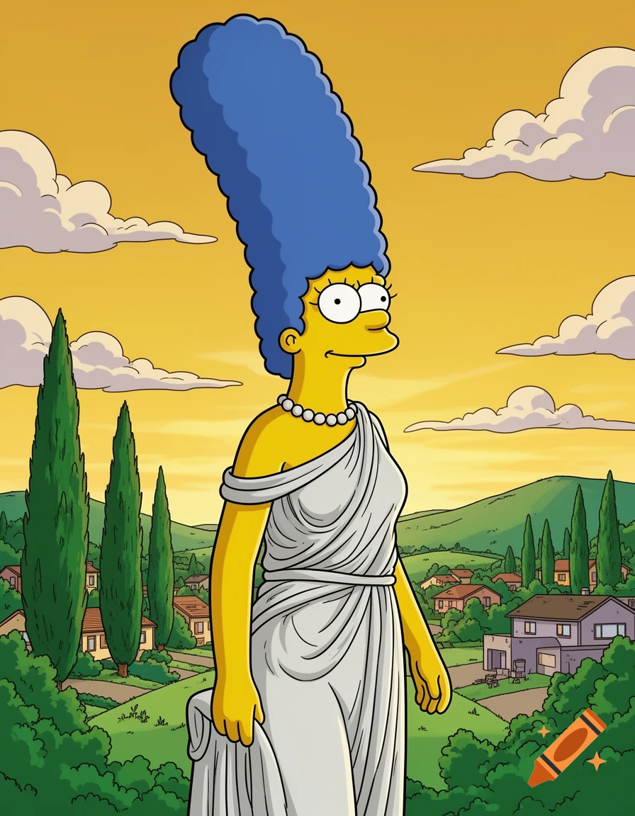 Marge Simpson in a white toga dress and pearl necklace, standing in a sunny, green landscape with cypress trees and houses.