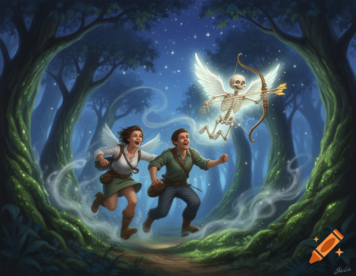 A fantasy illustration of a couple running through a magical forest at night, chased by a winged skeleton cupid with a glowing bow.