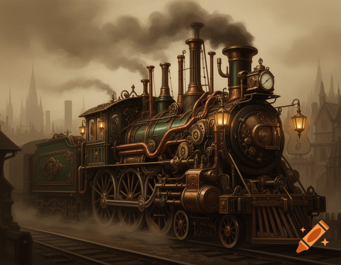 A highly detailed steampunk train, green and bronze with many pipes, gears, and lanterns, emitting smoke in a misty, industrial cityscape.