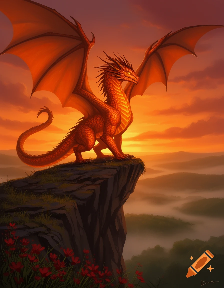 An orange-red dragon with spread wings stands on a cliff overlooking a ...