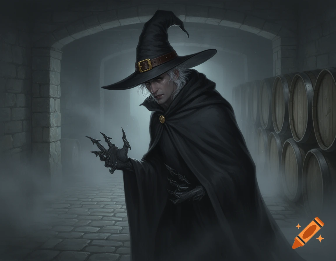 A cloaked wizard with white hair, a dark expression, and jagged hands wears a pointed hat in a misty cobblestone cellar with wine barrels.
