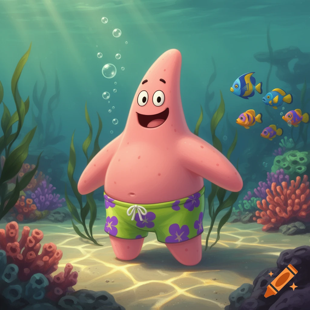 Patrick Star in green swim trunks standing on the ocean floor, surrounded by colorful coral, seaweed, and fish.
