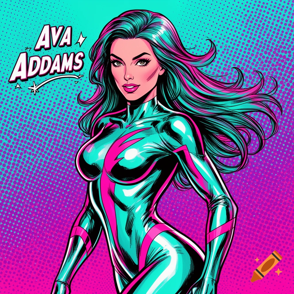 Comic book art of Ava Addams, a woman with green and pink hair in a shiny teal and pink metallic superhero suit, against a pop art background.