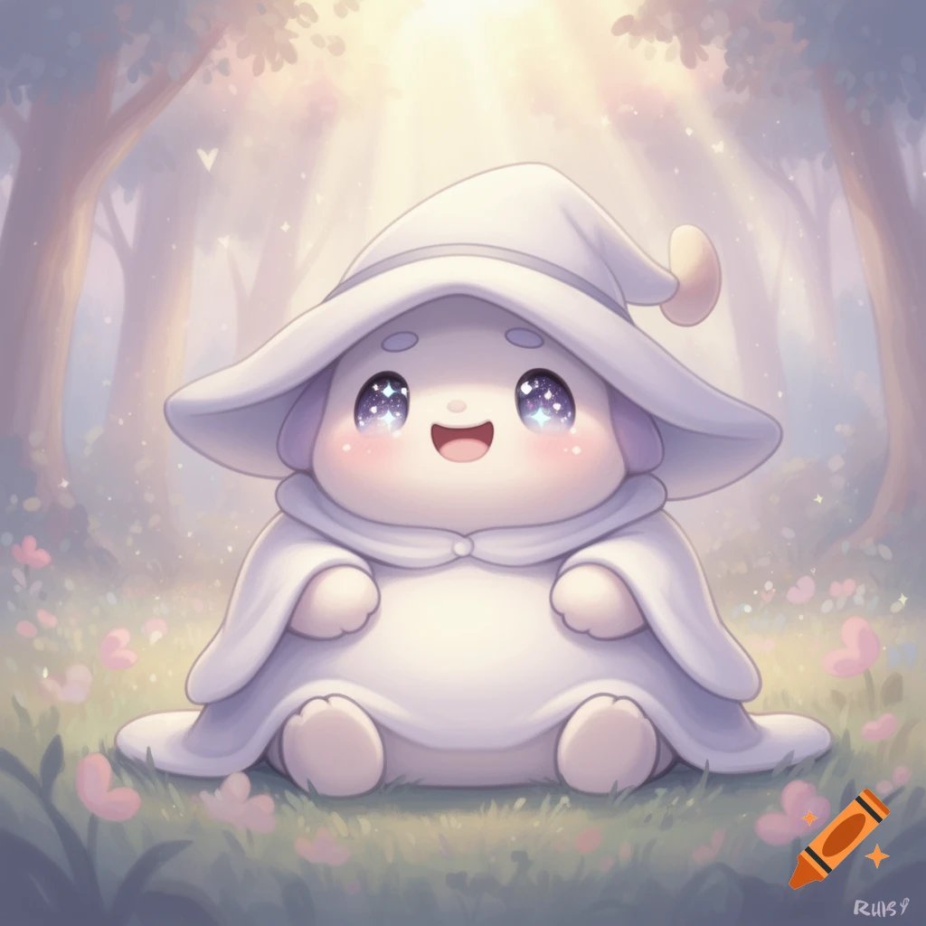 A super cute, chubby white character resembling Ralsei, wearing an oversized wizard hat, sits joyfully in a whimsical pastel forest with sparkling eyes.