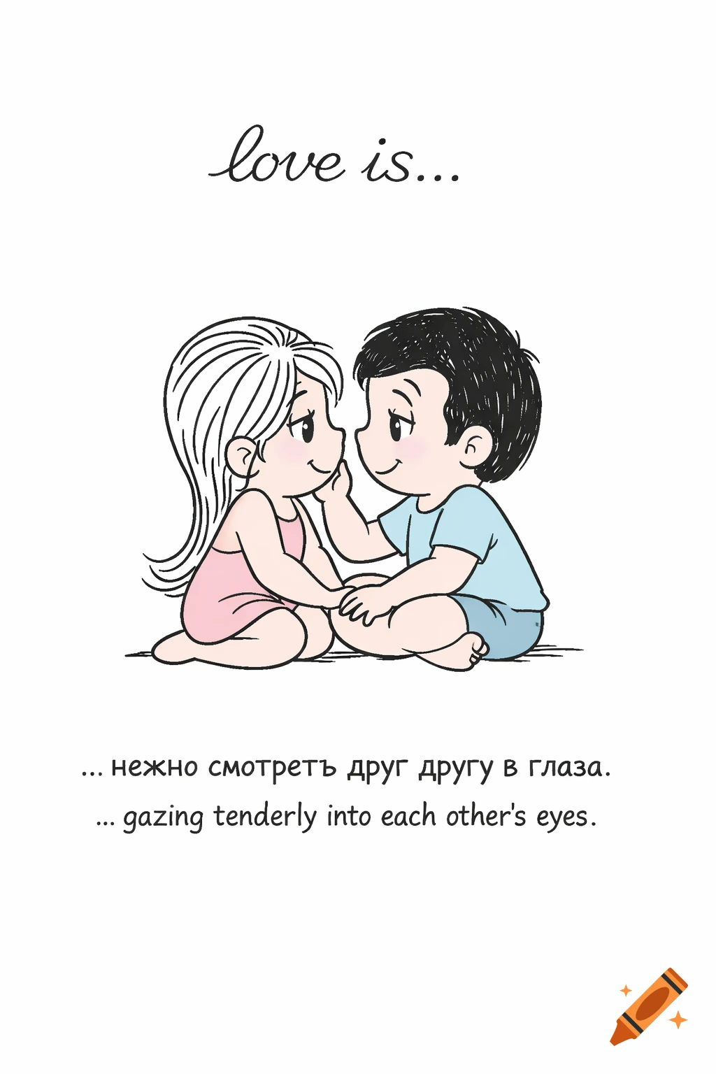 A cartoon boy and girl in Love Is style gaze tenderly into each other's eyes, holding hands. Text reads 'love is...' and 'gazing tenderly into each other's eyes'.