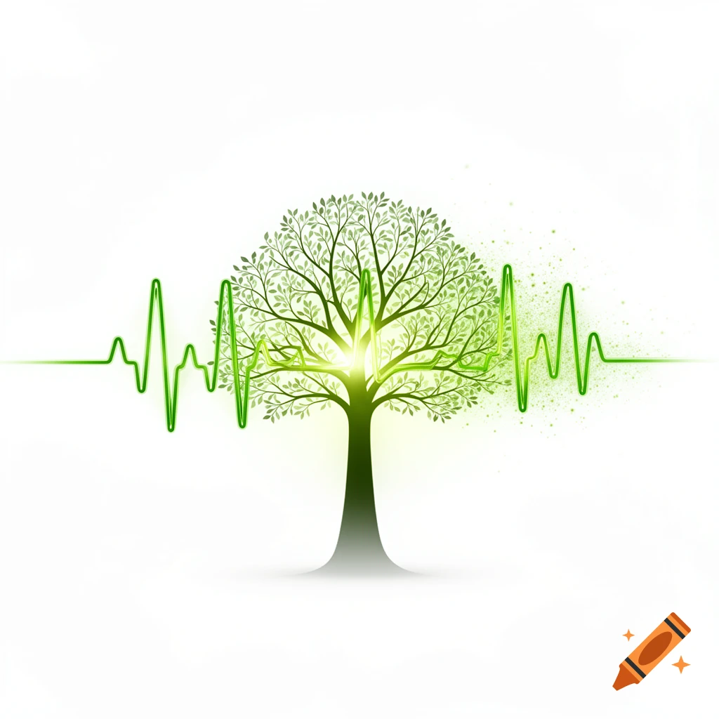 A stylized green tree with a bright glow at its center, flanked by a vibrant green heartbeat line on a white background.