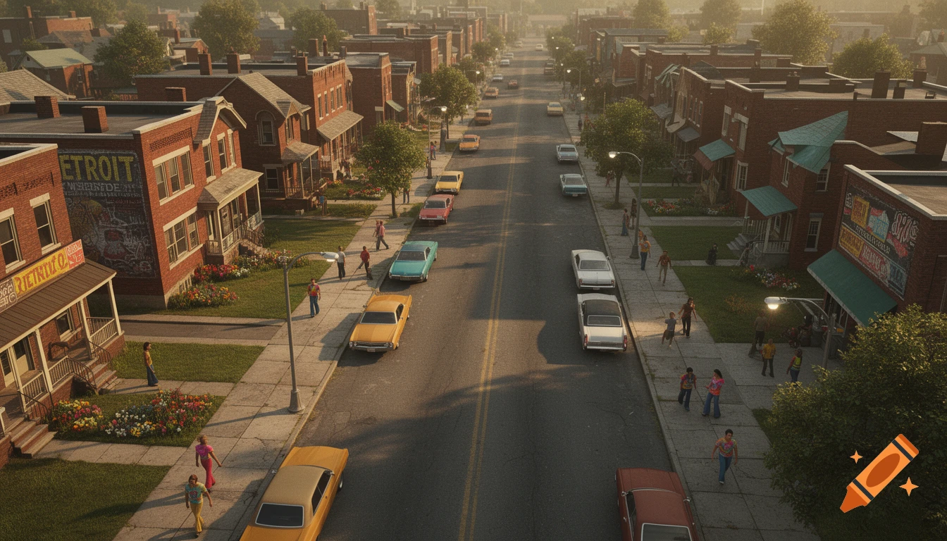 Top-down, photorealistic view of a 1970s Detroit Westside street scene with classic cars, brick buildings, people on sidewalks, and trees.